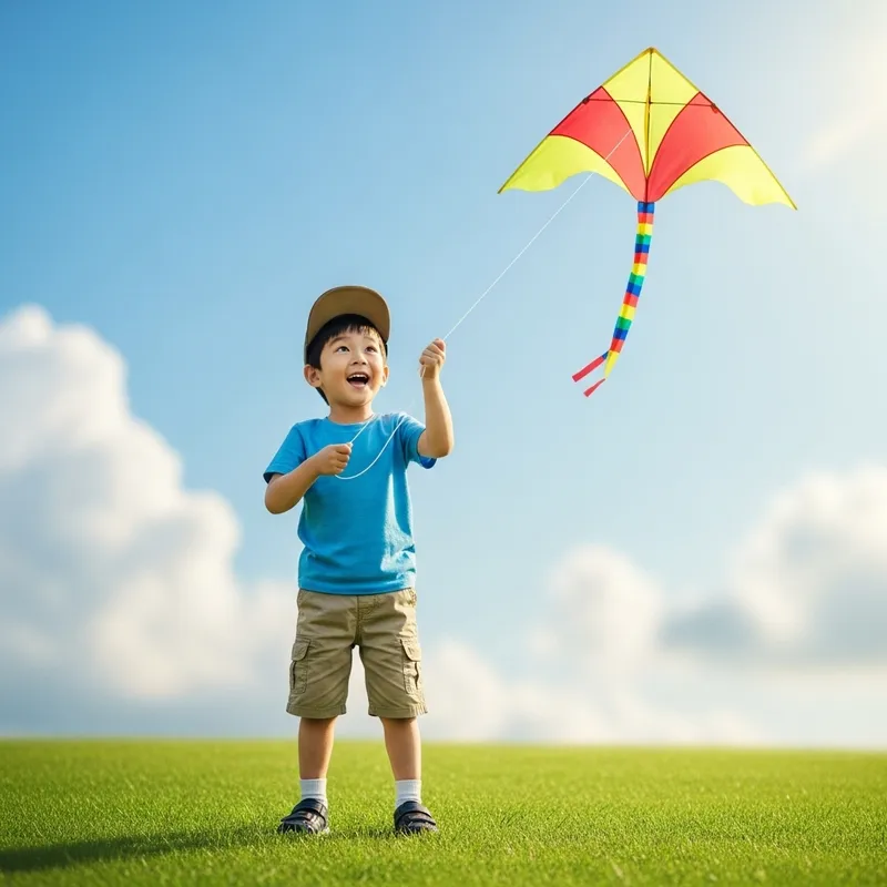 Happy Korean Boy Flying Kite Outdoors