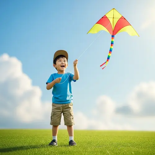 Young Korean Boy Flying Kite in Sunny Field