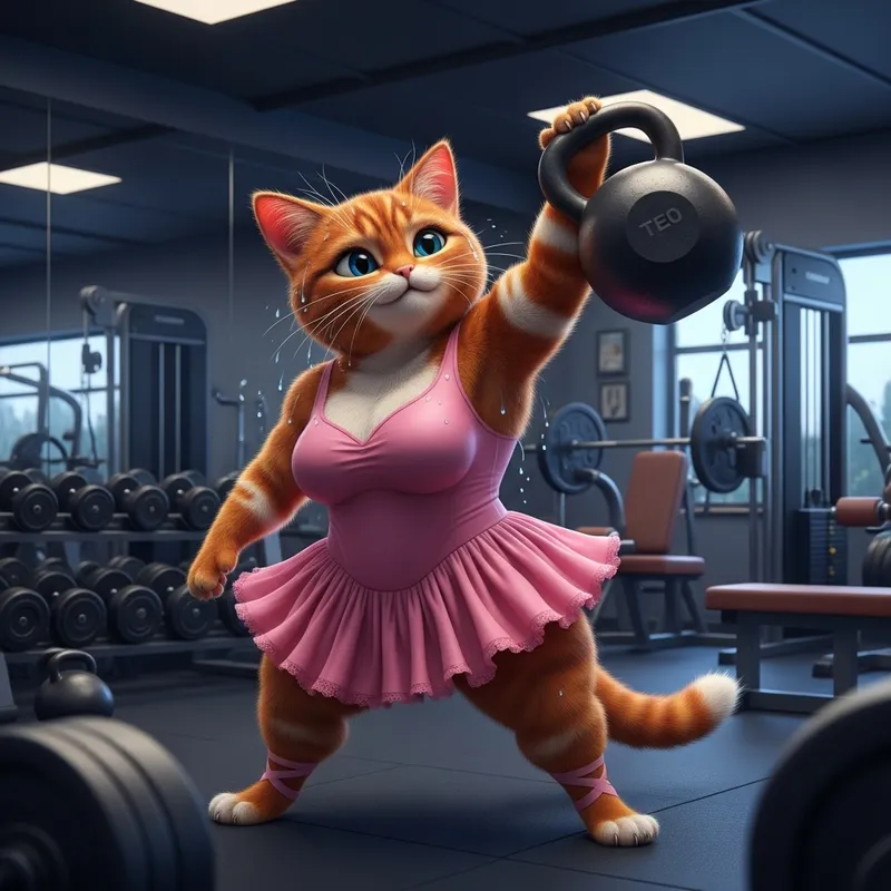 Full-Bodied Cartoonish Red Cat Training in Gym | High Detail