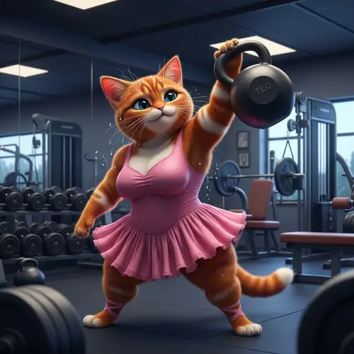 Charming Reddish Cat Lifting Kettlebell in Gym | High Resolution