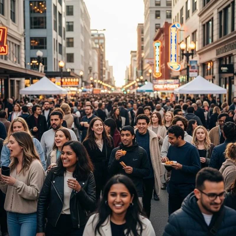Diverse Crowd Enjoying Street Food and Entertainment in the City