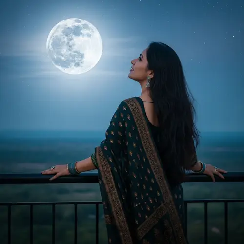 South Asian Woman in Traditional Sari Gazes at Rising Moon