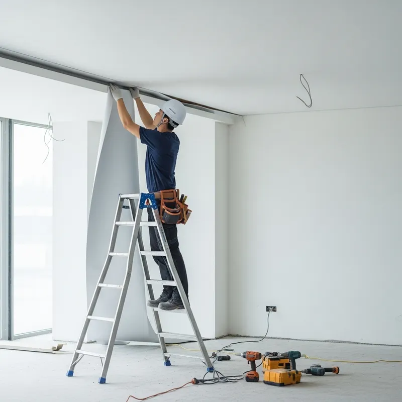 Professional Worker Installing Stretch Ceiling | Construction Site