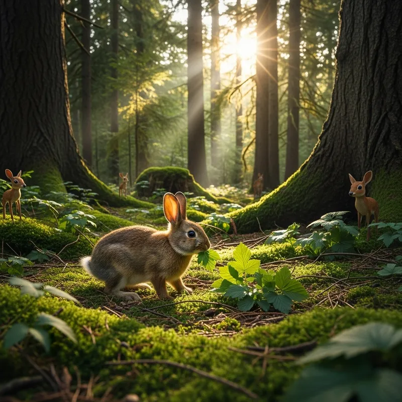 Enchanting Forest Encounter: Adorable Bunny Among Mossy Trees Enchanting Forest Encounter: Adorable Bunny Among Mossy Trees