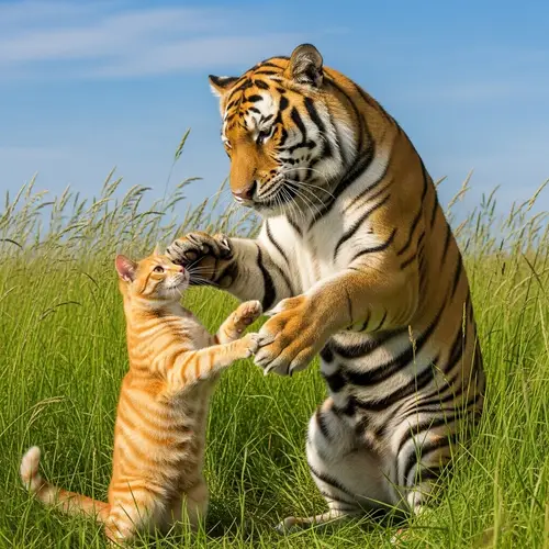Tabby Cat and Tiger Playful Encounter in Tranquil Meadow
