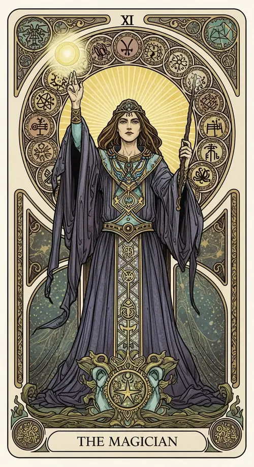 The Magician Tarot Card - Mystical Figure and Celestial Elements