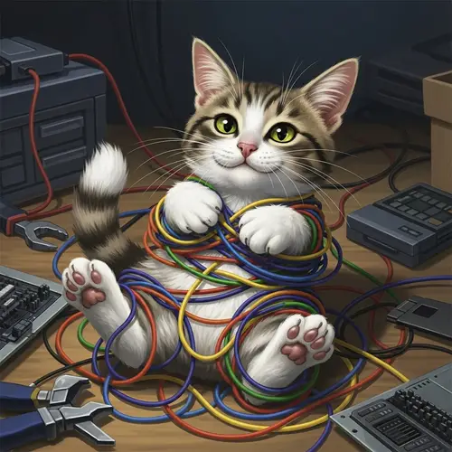 Mischievous Cat Tangled in Colorful Wires