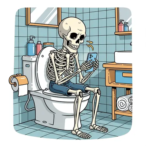 Humorous Skeleton on Modern Toilet with Smartphone