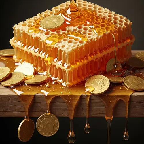 Luxurious Golden Honeycomb with Dripping Coins | Art Photography