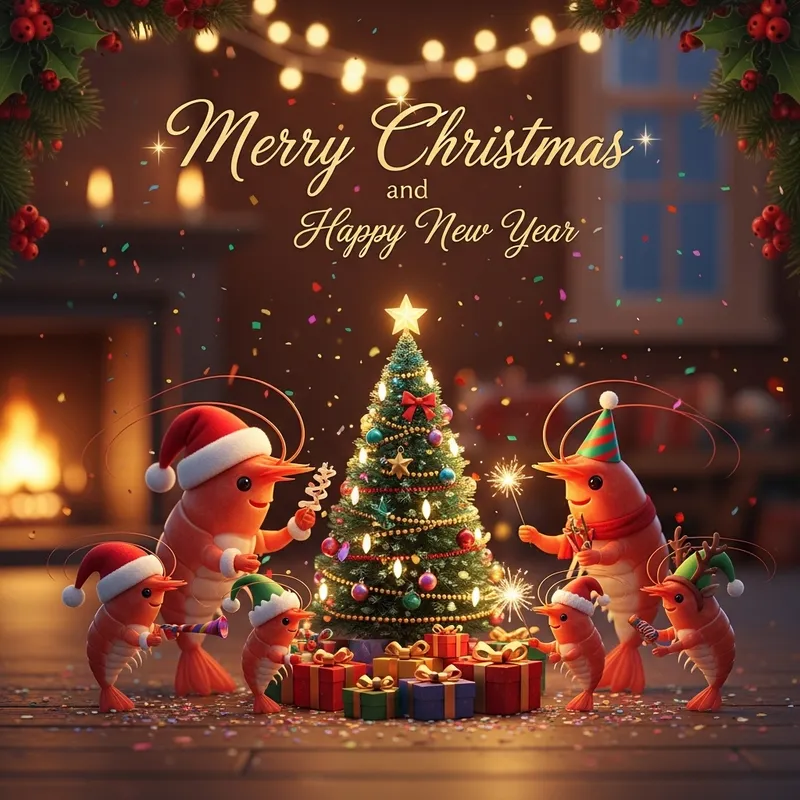 Shrimp Family Celebrating Christmas & New Year Card