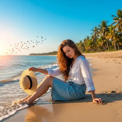 Stunning Caucasian Girl with Auburn Hair on Beach at Sunset