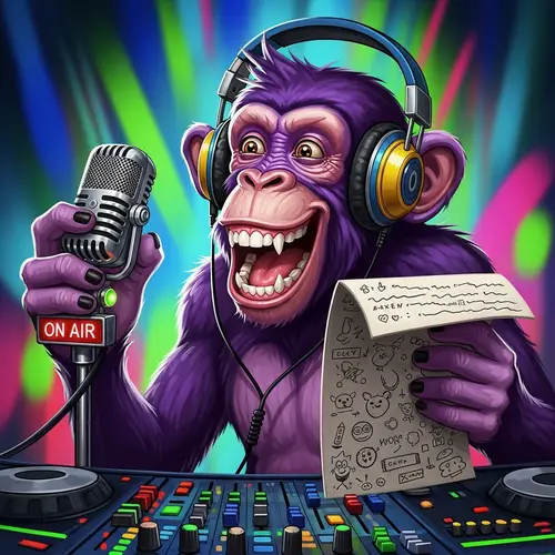 Playful Purple Monkey Podcasting Digital Painting - Vibrant Depiction