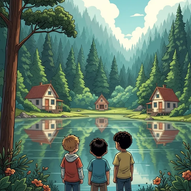 Serene Forest Landscape with Lakeside Houses and Trio of Boys