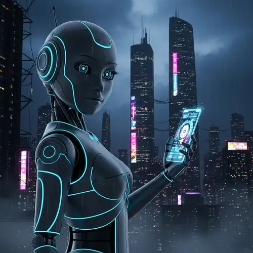 Futuristic Female Robot Holding Phone | Cyberpunk Design