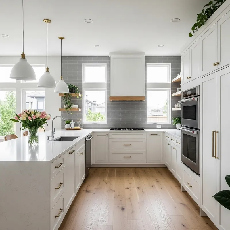 Modern Minimalist Kitchen with L-Shaped Cabinets & High-End Stainless Steel Appliances Modern Minimalist Kitchen with L-Shaped Cabinets & High-End Stainless Steel Appliances