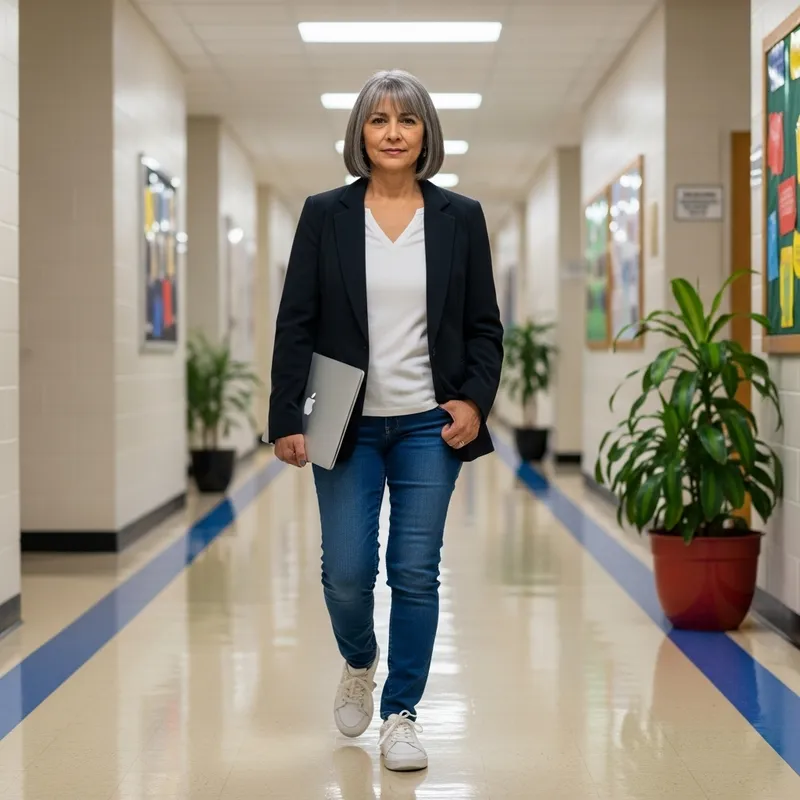 Stylish History & Geography Teacher in School Corridor with Laptop