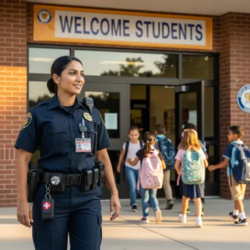 Professional Safety Officer Welcoming Students at School