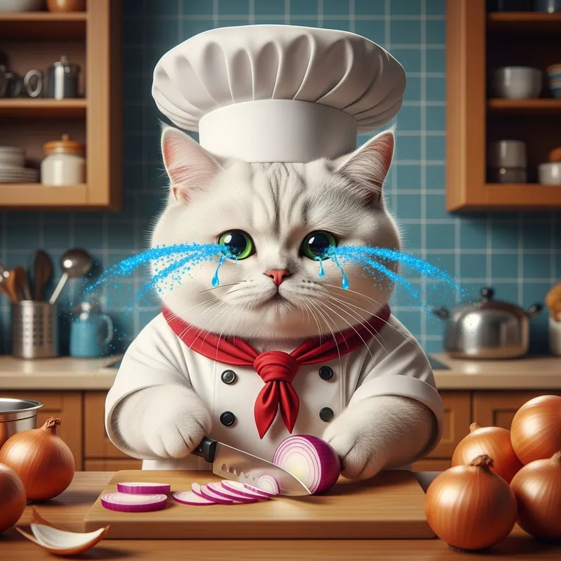 Chubby British Cat Chef Crying While Chopping Onions