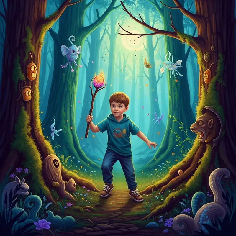 Vivid Imagination: Young Boy Explores Mystic Forest in Vibrant Colors