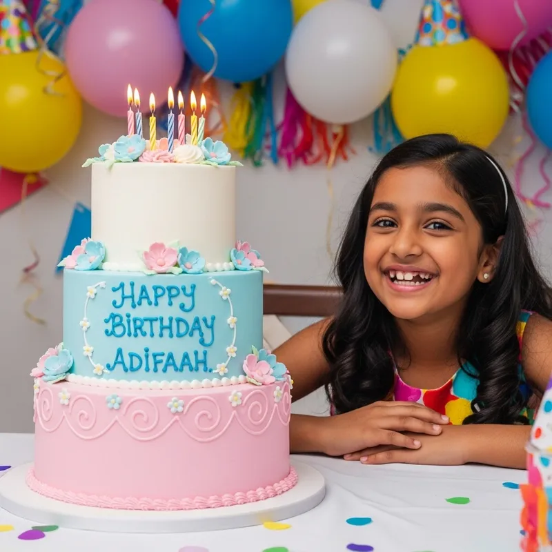 11-Year-Old South Asian Girl with Three-Tier Birthday Cake