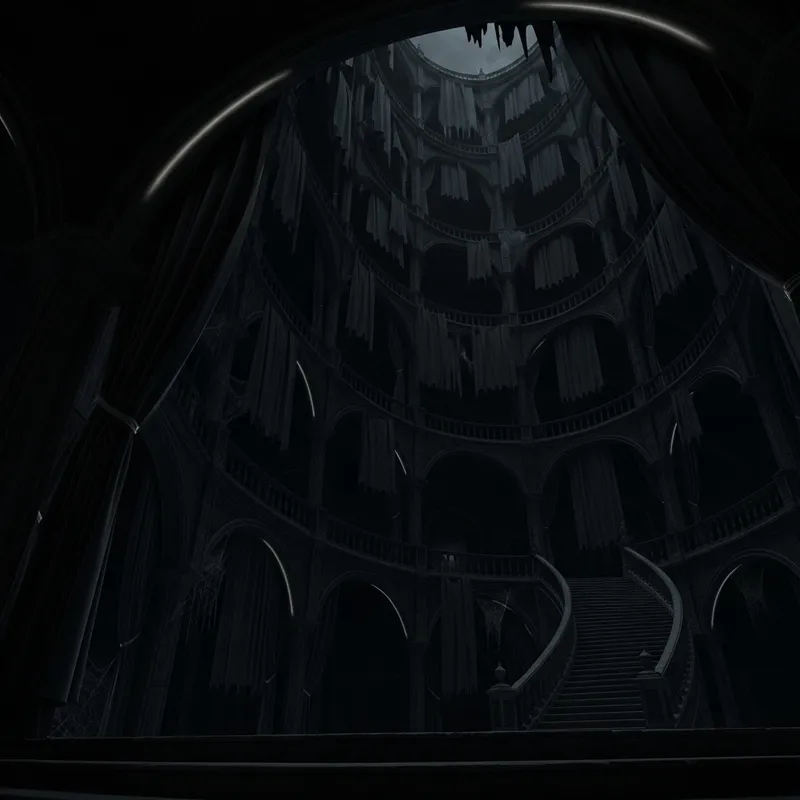 Eerie Black Castle Interior: Dark Staircases, Balconies, and Curtains Eerie Black Castle Interior: Dark Staircases, Balconies, and Curtains