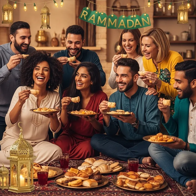 Diverse Friends Celebrating Ramadan with Joyful Festivity
