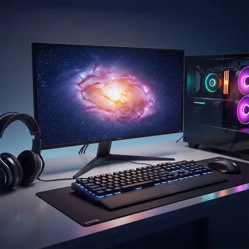 Modern Computer Setup with Galaxy Wallpaper | Desktop Accessories