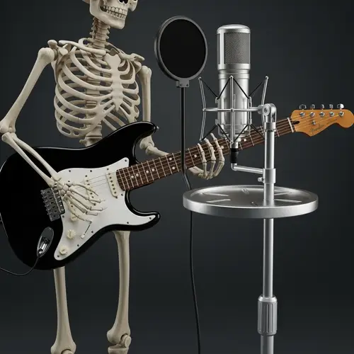 Skeleton playing black Stratocaster guitar with microphone