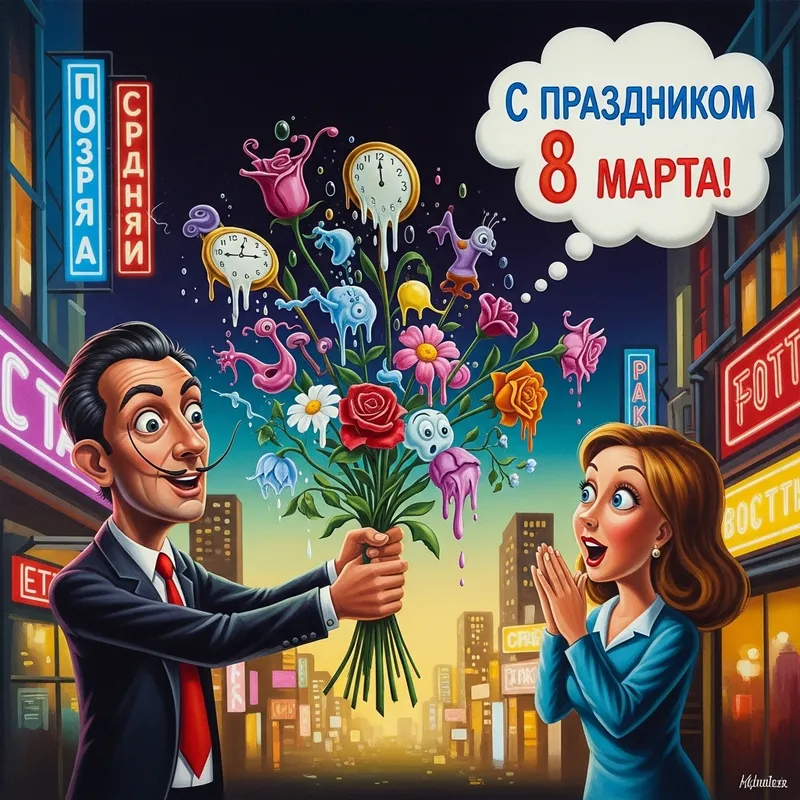 Happy Women's Day: Surreal City Cartoon Man with Bouquet of Flowers