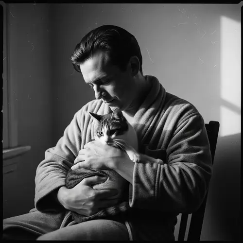 Vintage Black and White Portrait of Man with Cat