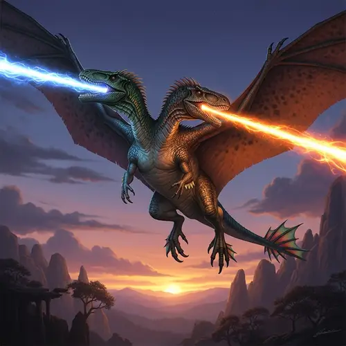 Two-Headed Dinosaur with Wings Emitting Light Beams