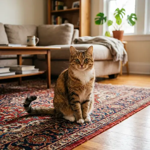 Adorable Cat Sitting on a Cozy Rug