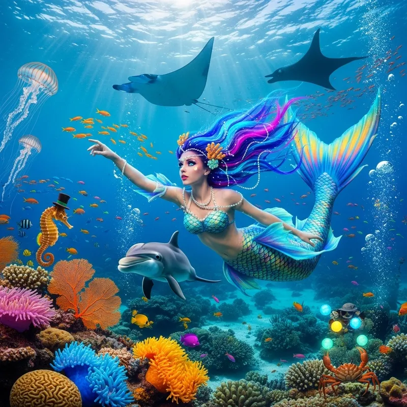 Enchanting Mermaid in Vibrant Underwater Fantasy Scene