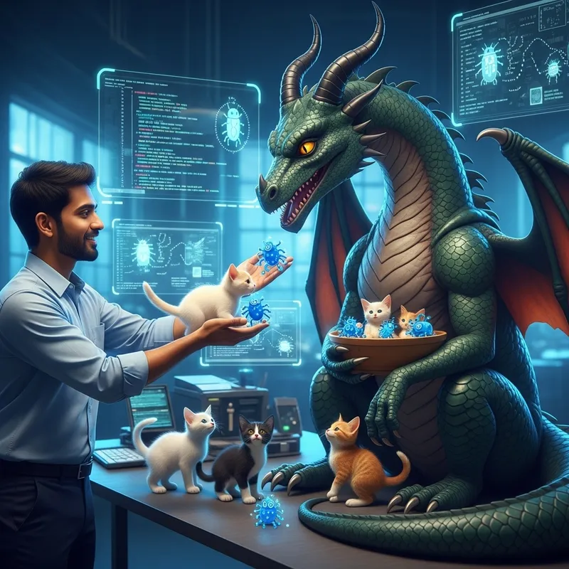 Programmer Feeding Dragon with Kittens and Glitches
