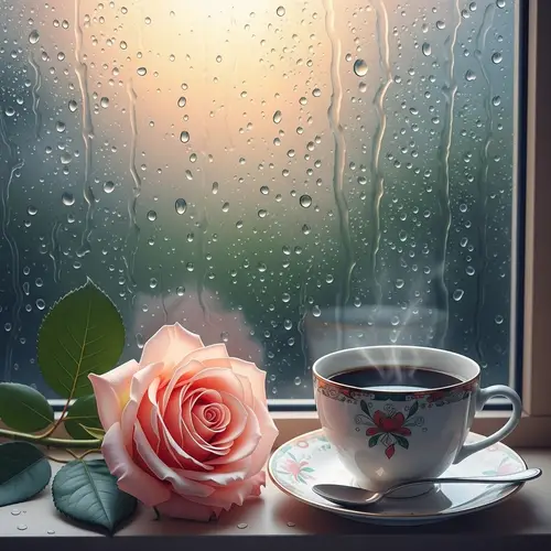 Pastel Rose and Coffee by Window | Digital Painting