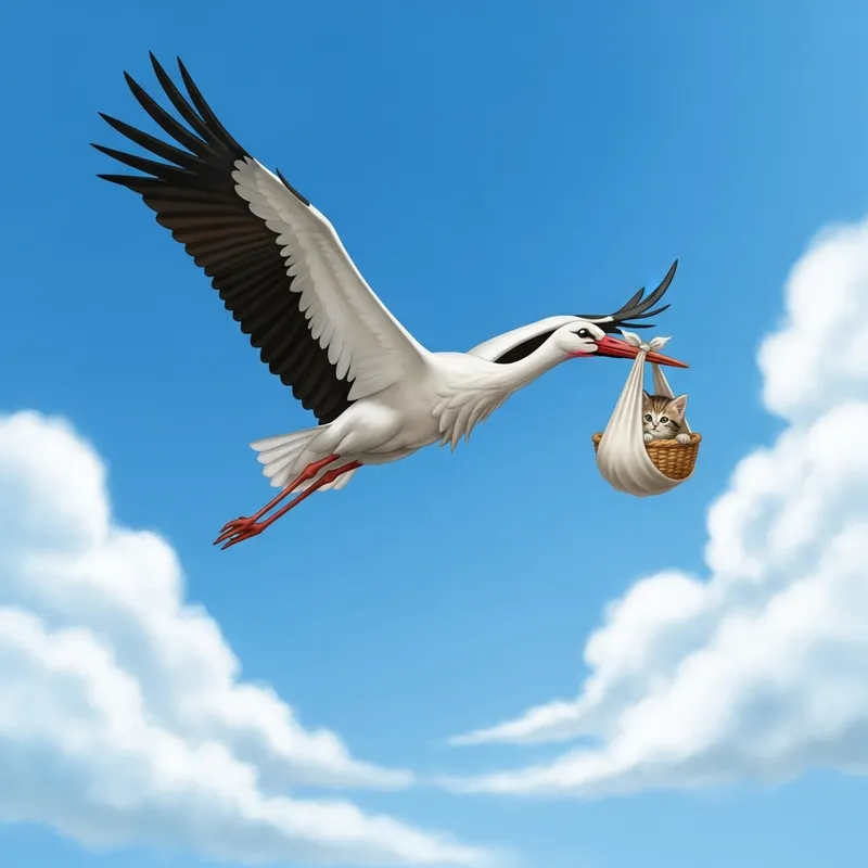 Majestic Stork Carrying Kitten in Basket Through Sky Majestic Stork Carrying Kitten in Basket Through Sky