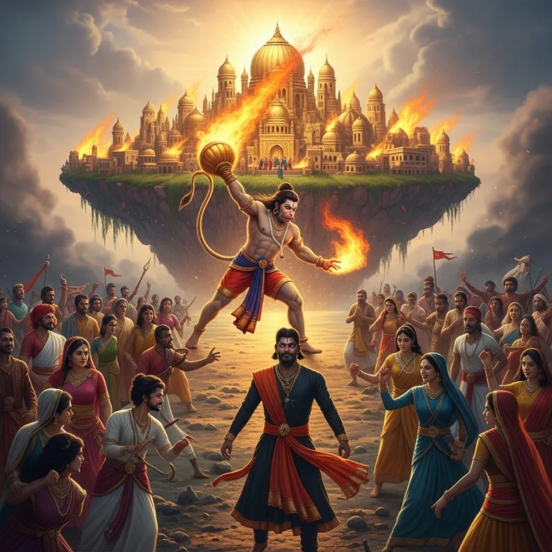 Mythological Art: Hanuman Sets Golden Island Ablaze