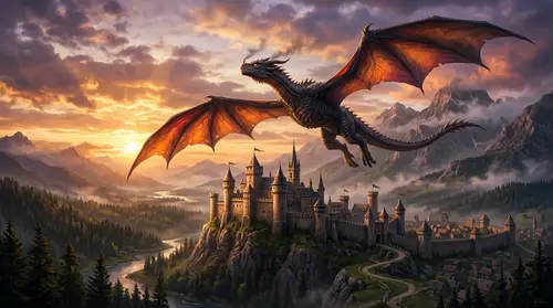 Majestic Fantasy Dragon Over Medieval Castle Art