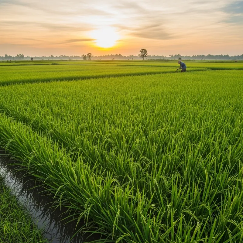 Lush Green Rice Fields: A Serene Morning View
