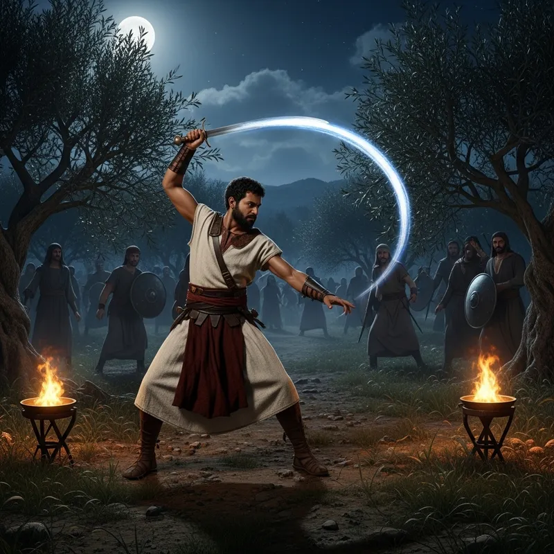 Courageous Swordsman in Ancient Israel Night Olive Grove