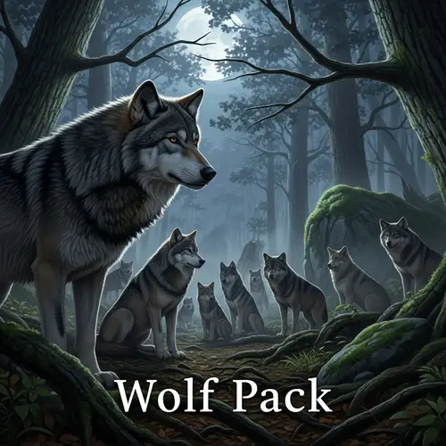 Wolf Pack in Nocturnal Forest Landscape