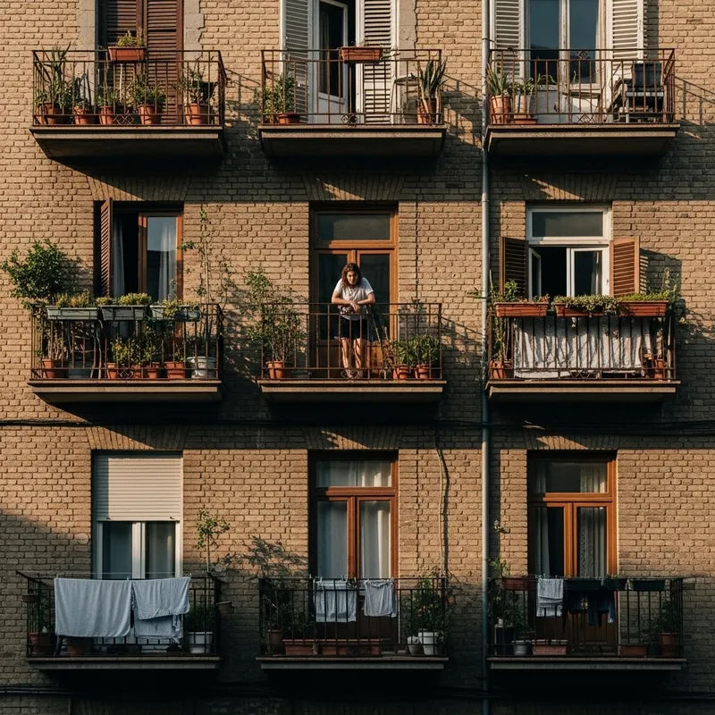 Old Apartment Building Facade with Balconies & Young Woman Old Apartment Building Facade with Balconies & Young Woman