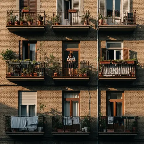 Vintage Apartment Block Facade with Balconies and Woman