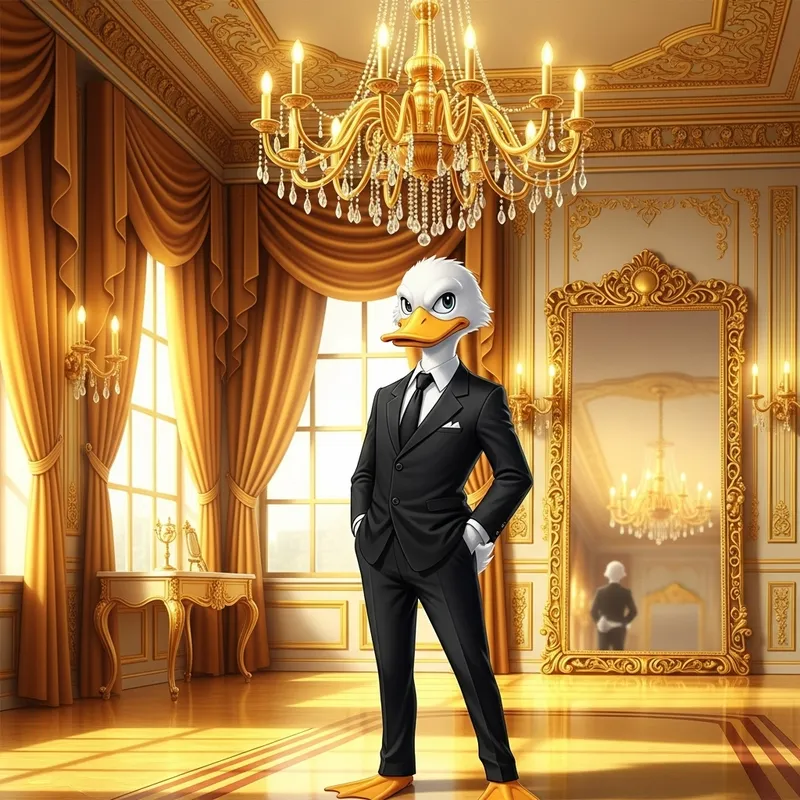 Dapper Anime White Duck in Elegant Gold Room Dapper Anime White Duck in Elegant Gold Room