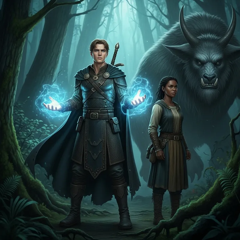 Magical Woodland Encounter: Supernatural Man and Ordinary Woman Facing Colossal Beast