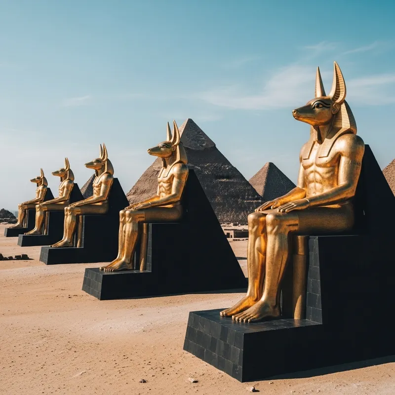 Majestic Black Pyramids & Golden Anubis in Egyptian Desert Majestic Black Pyramids & Golden Anubis in Egyptian Desert