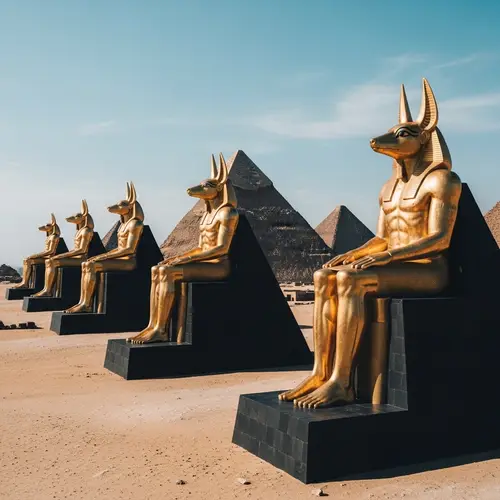 Majestic Black Pyramids with Golden Anubis Statues in Egyptian Desert