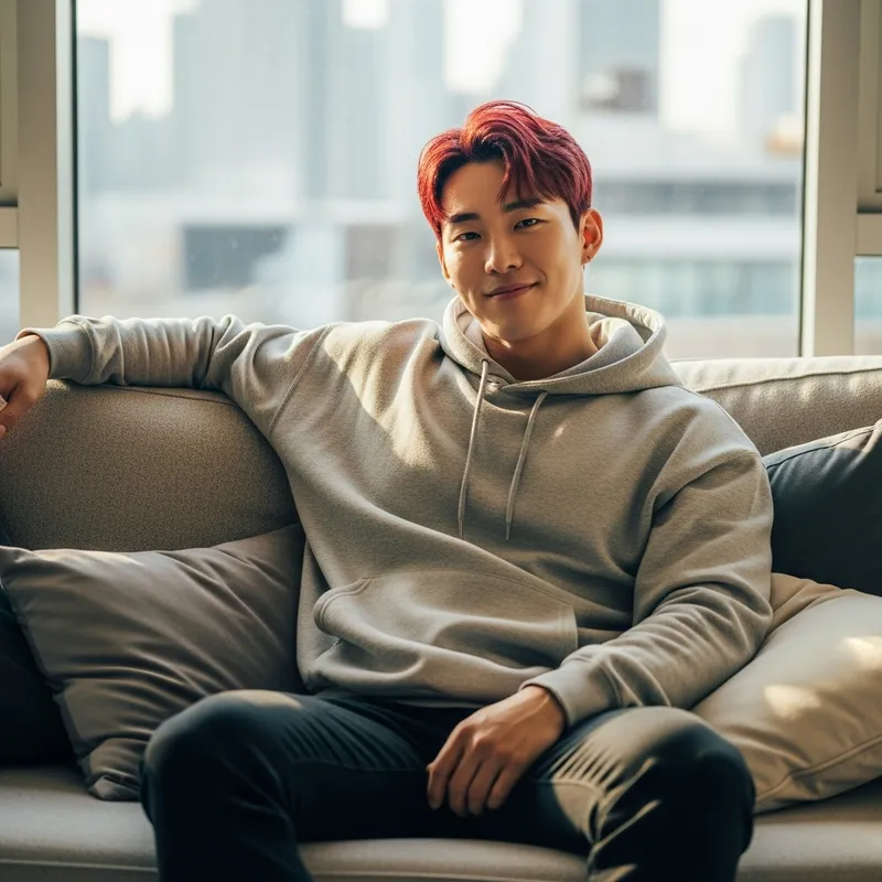 Young Asian Man with Vibrant Red Hair Relaxing on Comfortable Sofa Young Asian Man with Vibrant Red Hair Relaxing on Comfortable Sofa