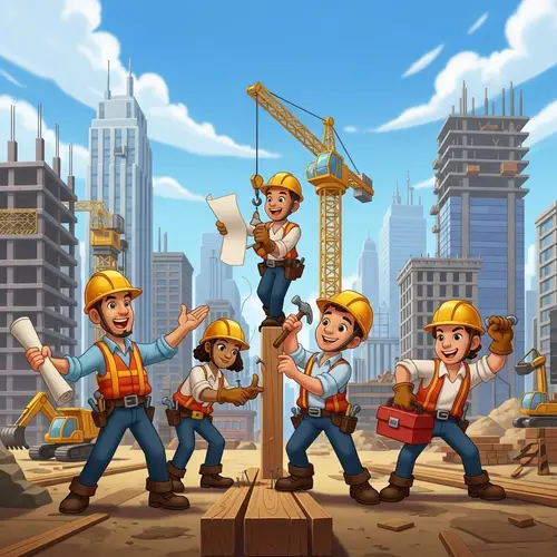 Cartoon Builders in a City Under Construction