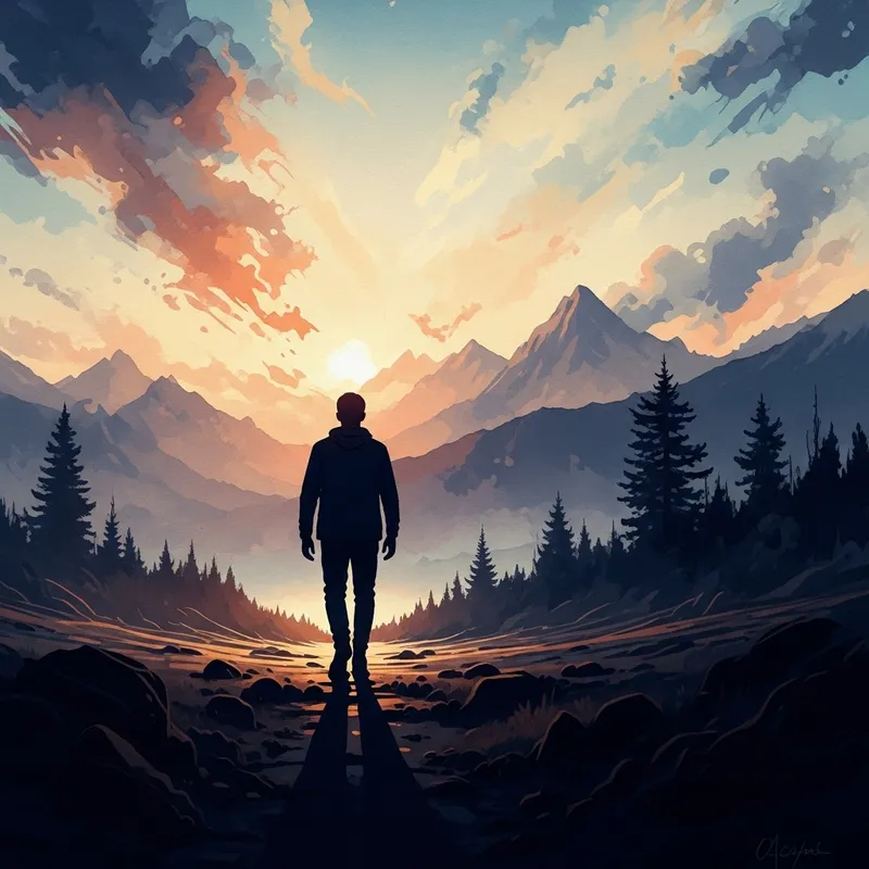 Silhouette Walking Towards Majestic Mountain Range | Nature-Inspired